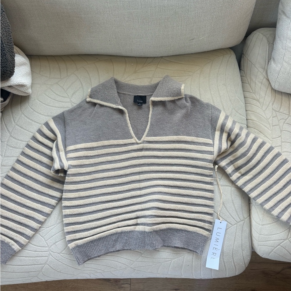 Lumiere Gray and Cream V-Neck Sweater